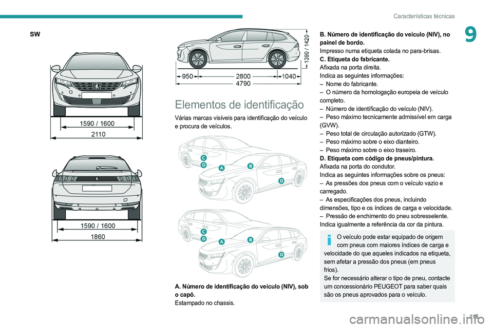 PEUGEOT 508 2021  Manual de utilização (in Portuguese) 215
Características técnicas
9SW 
 
 
 
Elementos de identificação
Várias marcas visíveis para identificação do veículo 
e procura de veículos.
 
 
A. Número de identificação do veículo 