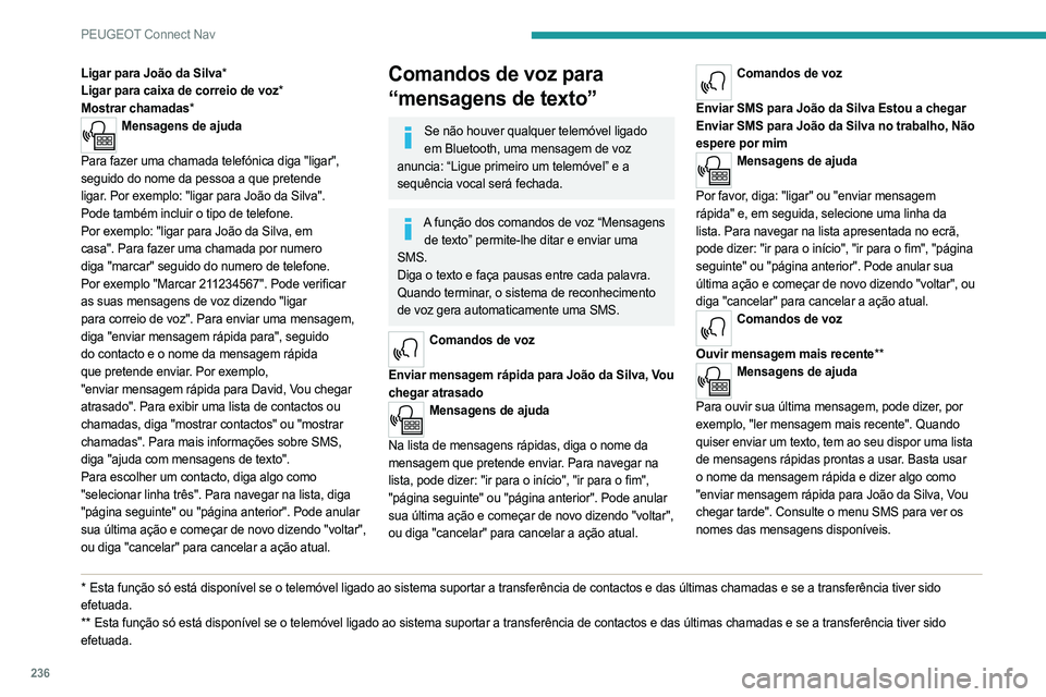 PEUGEOT 508 2021  Manual de utilização (in Portuguese) 236
PEUGEOT Connect Nav
Ligar para João da Silva*
Ligar para caixa de correio de voz*
Mostrar chamadas*
Mensagens de ajuda 
Para
 
fazer uma   chamada   telefónica   diga   "ligar", 
seguido