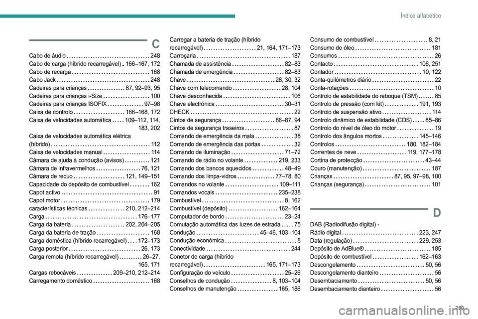 PEUGEOT 508 2021  Manual de utilização (in Portuguese) 259
Índice alfabético
C
Cabo de áudio    248
Cabo de carga (híbrido recarregável)    
166–167,   172
Cabo de recarga
    
168
Cabo Jack
    
248
Cadeiras para crianças
   
87,   92–93,   95
