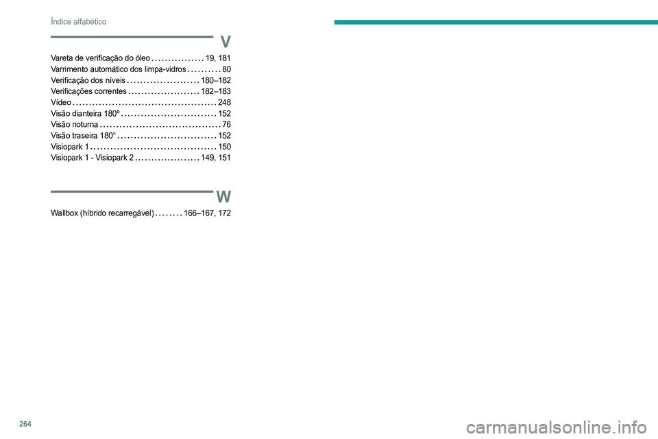 PEUGEOT 508 2021  Manual de utilização (in Portuguese) 264
Índice alfabético
V
Vareta de verificação do óleo    19,   181
Varrimento automático dos limpa-vidros    
80
Verificação dos níveis
   
180–182
Verificações correntes
   
182–183
V