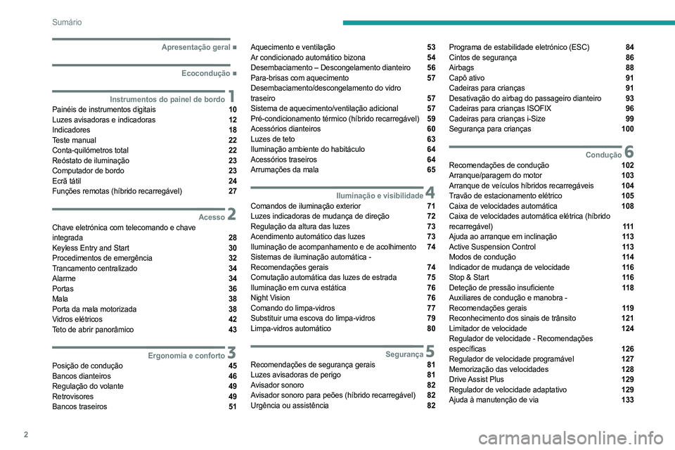 PEUGEOT 508 2021  Manual de utilização (in Portuguese) 2
Sumário
  ■
Apresentação geral
  ■
Ecocondução
 1Instrumentos do painel de bordoPainéis de instrumentos digitais  10
Luzes avisadoras e indicadoras  12
Indicadores  18
Teste manual  22
