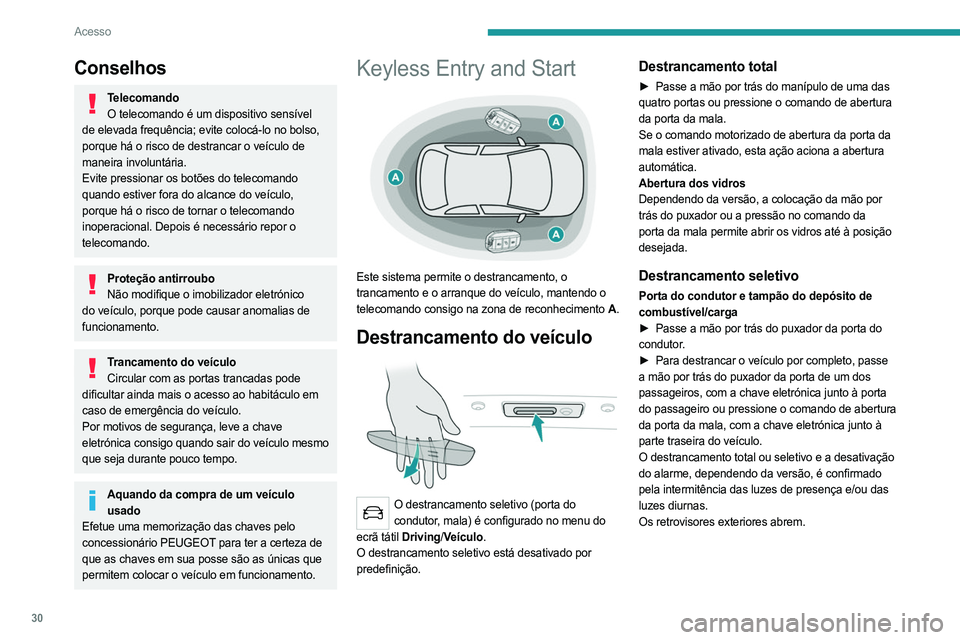 PEUGEOT 508 2021  Manual de utilização (in Portuguese) 30
Acesso
Conselhos
TelecomandoO telecomando é um dispositivo sensível 
de elevada frequência; evite colocá-lo no bolso, 
porque há o risco de destrancar o veículo de 
maneira involuntária.
Evi