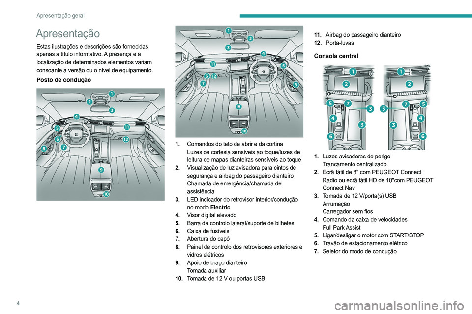 PEUGEOT 508 2021  Manual de utilização (in Portuguese) 4
Apresentação geral
Apresentação
Estas ilustrações e descrições são fornecidas 
apenas a título informativo. A presença e a 
localização de determinados elementos variam 
consoante a ver