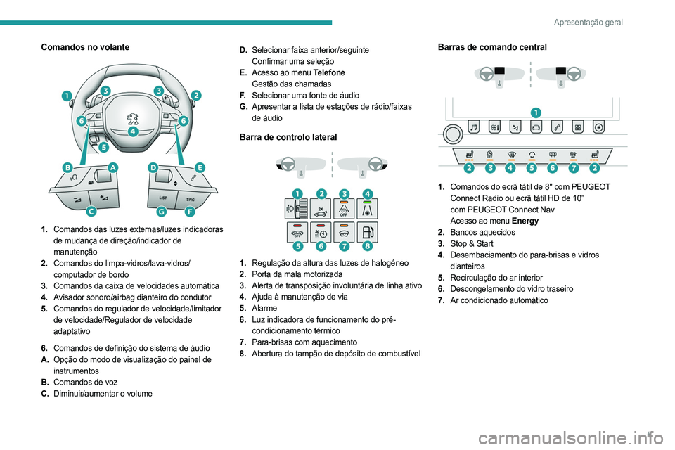 PEUGEOT 508 2021  Manual de utilização (in Portuguese) 5
Apresentação geral
Comandos no volante 
 
1.Comandos das luzes externas/luzes indicadoras 
de mudança de direção/indicador de 
manutenção
2. Comandos do limpa-vidros/lava-vidros/
computador d