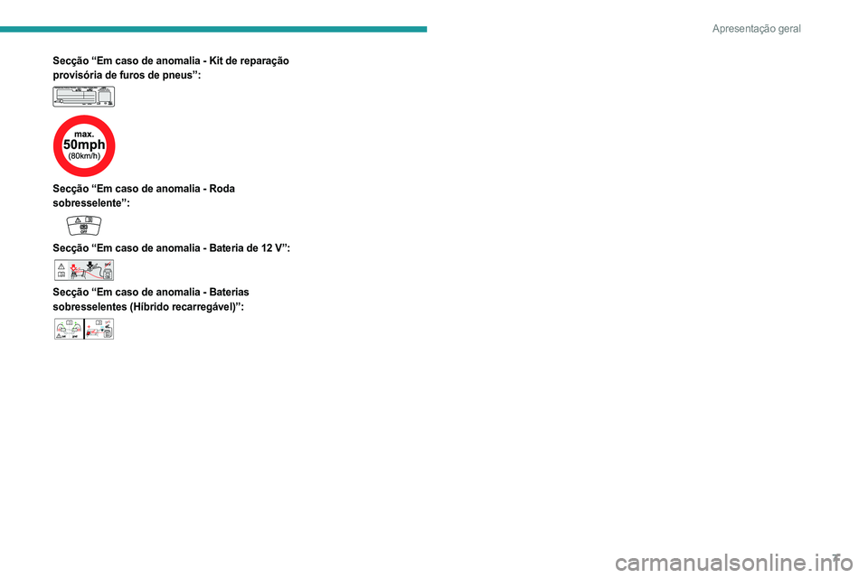 PEUGEOT 508 2021  Manual de utilização (in Portuguese) 7
Apresentação geral
Secção “Em caso de anomalia - Kit de reparação 
provisória de furos de pneus”:
 
 
 
 
Secção “Em caso de anomalia - Roda 
sobresselente”:
 
 
Secção “Em caso