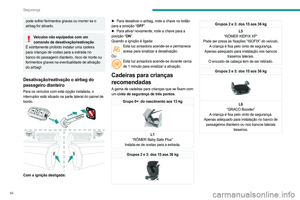 PEUGEOT 508 2021  Manual de utilização (in Portuguese) 94
Segurança
Instalação das cadeiras para crianças fixas com o cinto de segurança
Em conformidade com regulamentação europeia, esta tabela indica as opções de instalação das cadeiras para c