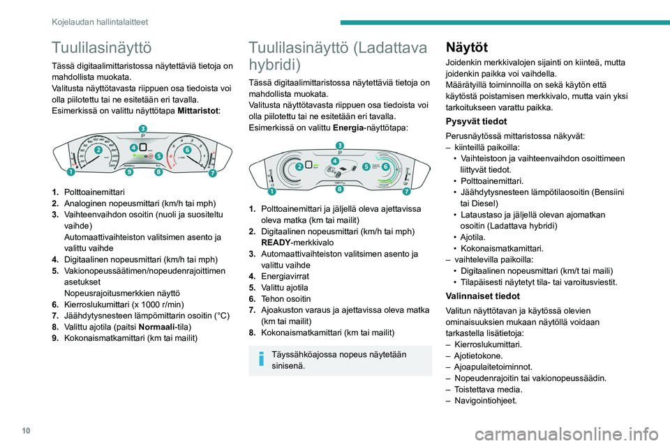 PEUGEOT 508 2021  Omistajan Käsikirja (in Finnish) 10
Kojelaudan hallintalaitteet
Tuulilasinäyttö
Tässä digitaalimittaristossa näytettäviä tietoja on 
mahdollista muokata.
Valitusta näyttötavasta riippuen osa tiedoista voi 
olla piilotettu ta