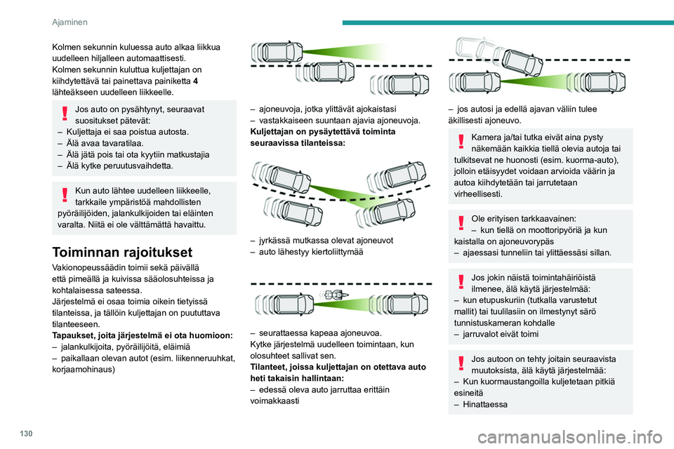 PEUGEOT 508 2021 Omistajan Käsikirja (in Finnish) 130
Ajaminen
– Kun auton etuosaa on muokattu
(esimerkiksi lisäämällä pitkät ajovalot tai
etupuskuri on maalattu).
– Tutka peitetty.
Toimintahäiriö
Jos tulee toimintahäiriö,
viivat tul PEUGEOT 508 2021 Omistajan Käsikirja (in Finnish) 130
Ajaminen
– Kun auton etuosaa on muokattu
(esimerkiksi lisäämällä pitkät ajovalot tai
etupuskuri on maalattu).
– Tutka peitetty.
Toimintahäiriö
Jos tulee toimintahäiriö,
viivat tul