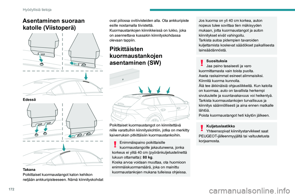 PEUGEOT 508 2021 Omistajan Käsikirja (in Finnish) 172
Hyödyllisiä tietoja
Kattoluukku
Älä liikuta kattoluukkua, kun käytetään
kuormaustankoja. Vakavan vaurion vaara!
Pyörä-/lisävarusteteline
Älä kiinnitä pyörä-/lisävarustetelinettà PEUGEOT 508 2021 Omistajan Käsikirja (in Finnish) 172
Hyödyllisiä tietoja
Kattoluukku
Älä liikuta kattoluukkua, kun käytetään
kuormaustankoja. Vakavan vaurion vaara!
Pyörä-/lisävarusteteline
Älä kiinnitä pyörä-/lisävarustetelinettÃ