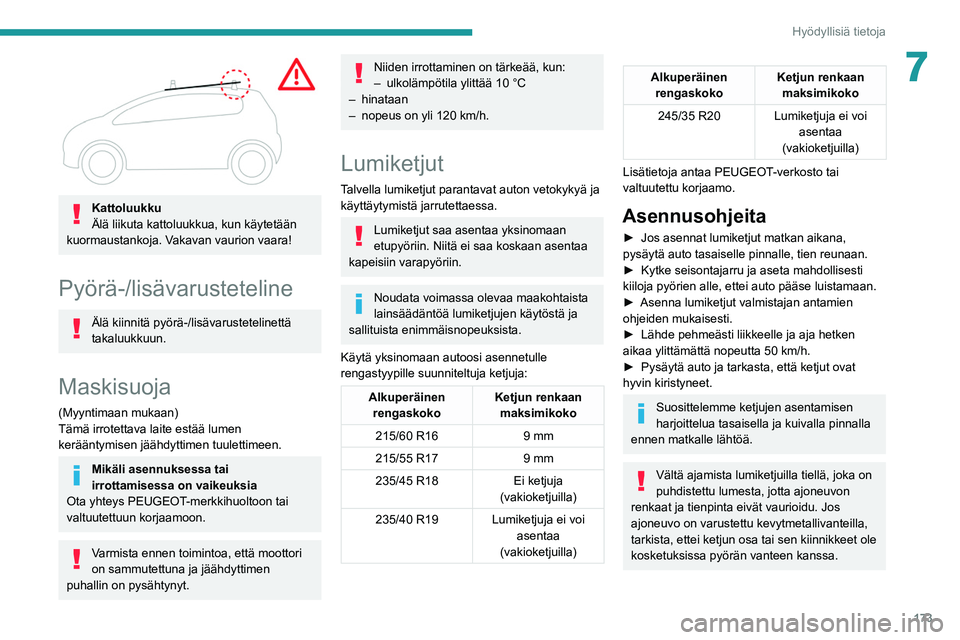 PEUGEOT 508 2021 Omistajan Käsikirja (in Finnish) 173
Hyödyllisiä tietoja
7
Kattoluukku
Älä liikuta kattoluukkua, kun käytetään
kuormaustankoja. Vakavan vaurion vaara!
Pyörä-/lisävarusteteline
Älä kiinnitä pyörä-/lisävarustetelinet PEUGEOT 508 2021 Omistajan Käsikirja (in Finnish) 173
Hyödyllisiä tietoja
7
Kattoluukku
Älä liikuta kattoluukkua, kun käytetään
kuormaustankoja. Vakavan vaurion vaara!
Pyörä-/lisävarusteteline
Älä kiinnitä pyörä-/lisävarustetelinet