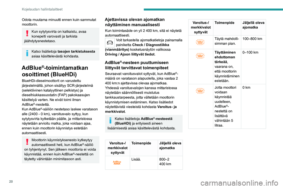 PEUGEOT 508 2021  Omistajan Käsikirja (in Finnish) 20
Kojelaudan hallintalaitteet
Odota muutama minuutti ennen kuin sammutat 
moottorin.
Kun sytytysvirta on katkaistu, avaa 
konepelti varovasti ja tarkista 
jäähdytysnestetaso.
Katso lisätietoja  ta