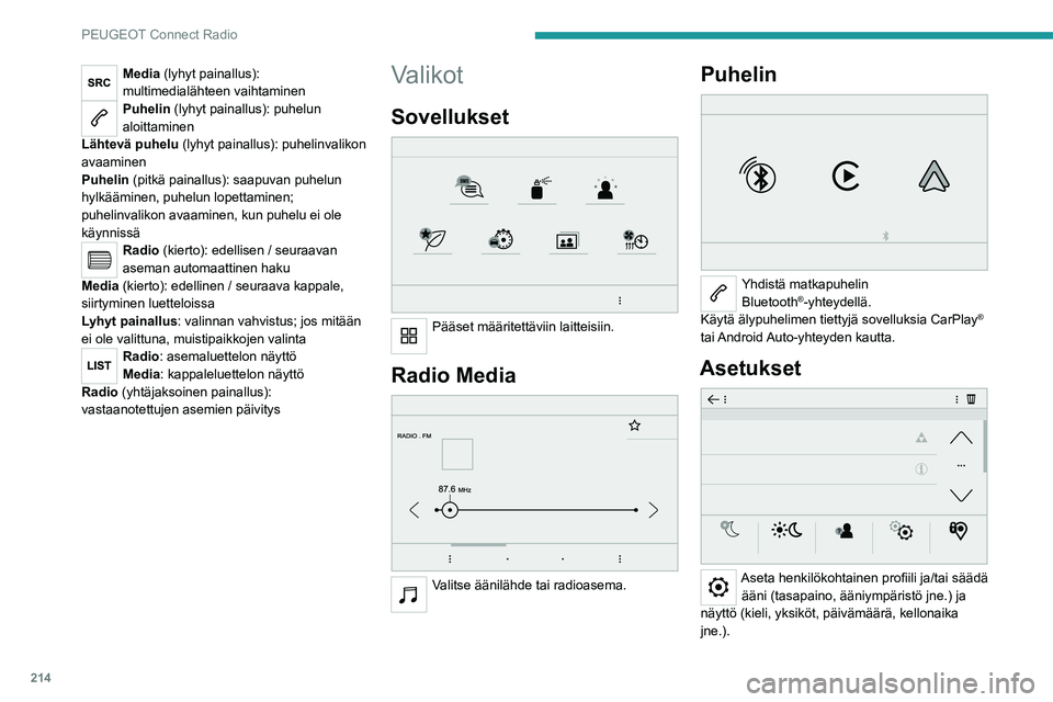 PEUGEOT 508 2021  Omistajan Käsikirja (in Finnish) 214
PEUGEOT Connect Radio
Media (lyhyt painallus): 
multimedialähteen vaihtaminen
Puhelin (lyhyt painallus): puhelun 
aloittaminen
Lähtevä puhelu  (lyhyt painallus): puhelinvalikon 
avaaminen
Puhel