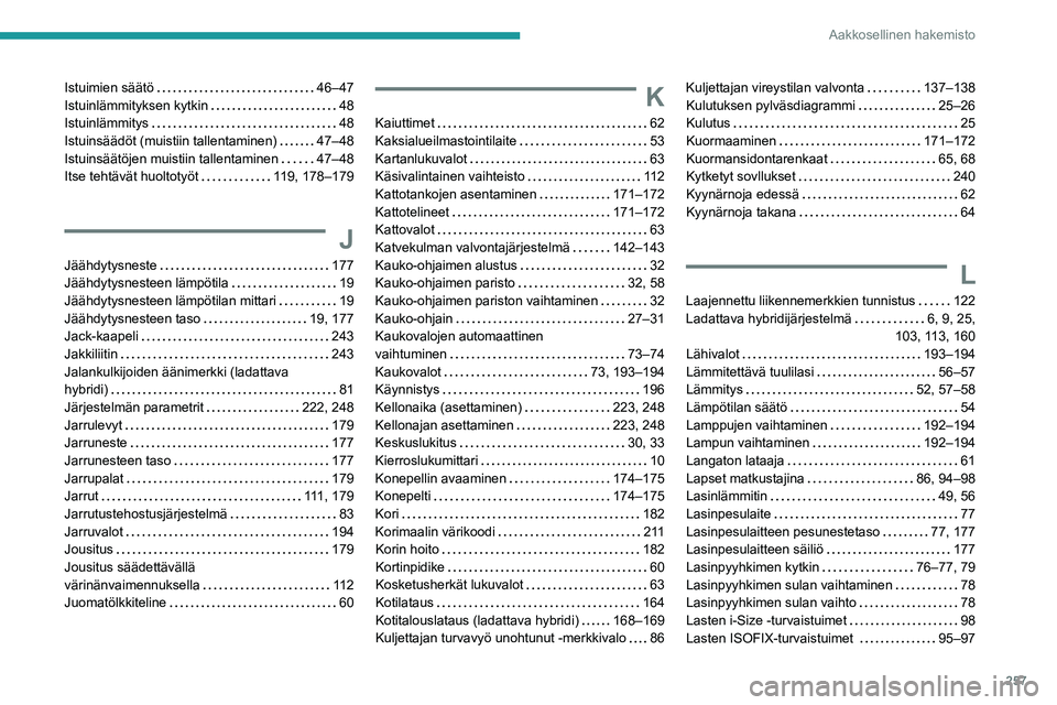 PEUGEOT 508 2021 Omistajan Käsikirja (in Finnish) 257
Aakkosellinen hakemisto
Istuimien säätö 46–47
Istuinlämmityksen kytkin
48
Istuinlämmitys
48
Istuinsäädöt (muistiin tallentaminen)
47–48
Istuinsäätöjen muistiin tal PEUGEOT 508 2021 Omistajan Käsikirja (in Finnish) 257
Aakkosellinen hakemisto
Istuimien säätö 46–47
Istuinlämmityksen kytkin
48
Istuinlämmitys
48
Istuinsäädöt (muistiin tallentaminen)
47–48
Istuinsäätöjen muistiin tal