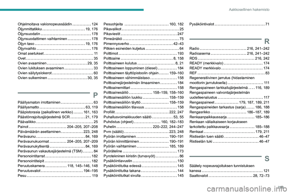 PEUGEOT 508 2021  Omistajan Käsikirja (in Finnish) 259
Aakkosellinen hakemisto
Ohjelmoitava vakionopeussäädin     124
Öljynmittatikku     
19, 176
Öljynsuodatin
    
178
Öljynsuodattimen vaihtaminen
    
178
Öljyn taso
    
19, 176
Öljynvaihto
