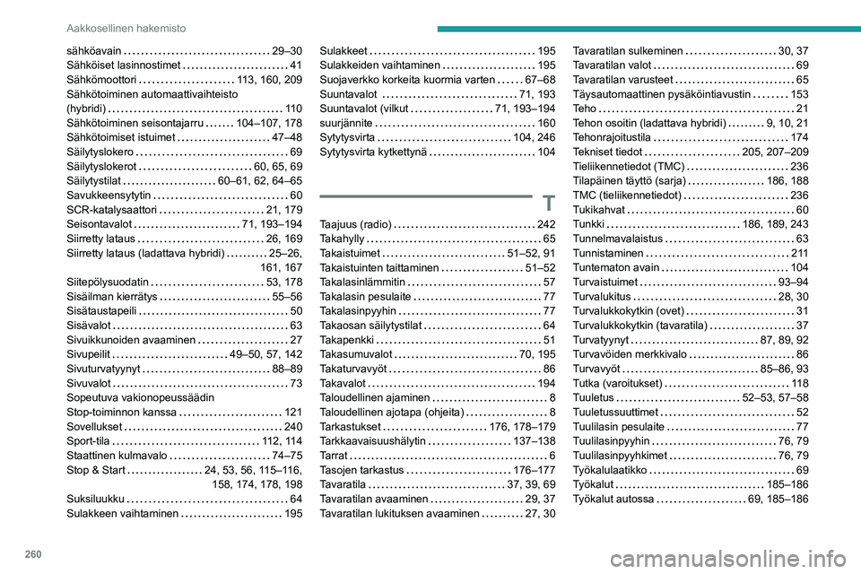 PEUGEOT 508 2021  Omistajan Käsikirja (in Finnish) 260
Aakkosellinen hakemisto
sähköavain     29–30
Sähköiset lasinnostimet     
41
Sähkömoottori
    
113, 160, 209
Sähkötoiminen automaattivaihteisto  
(hybridi)
    
11 0
Sähkötoiminen sei