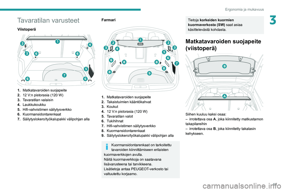 PEUGEOT 508 2021  Omistajan Käsikirja (in Finnish) 65
Ergonomia ja mukavuus
3Tavaratilan varusteet
Viistoperä 
 
1.Matkatavaroiden suojapeite
2. 12
  V:n pistorasia (120   W)
3. Tavaratilan valaisin
4. Laukkukoukku
5. Hifi-vahvistimen
  säilytysve