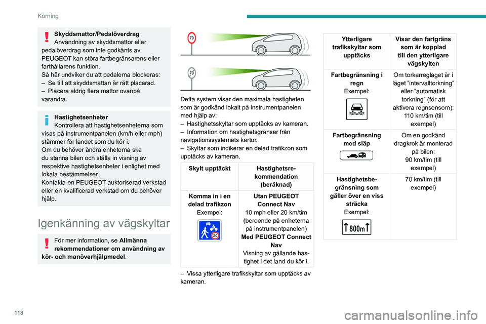 PEUGEOT 508 2021  Bruksanvisningar (in Swedish) 11 8
Körning
Skyddsmattor/Pedalöverdrag
Användning av skyddsmattor eller 
pedalöverdrag som inte godkänts av 
PEUGEOT kan störa fartbegränsarens eller 
farthållarens funktion.
Så här undvike