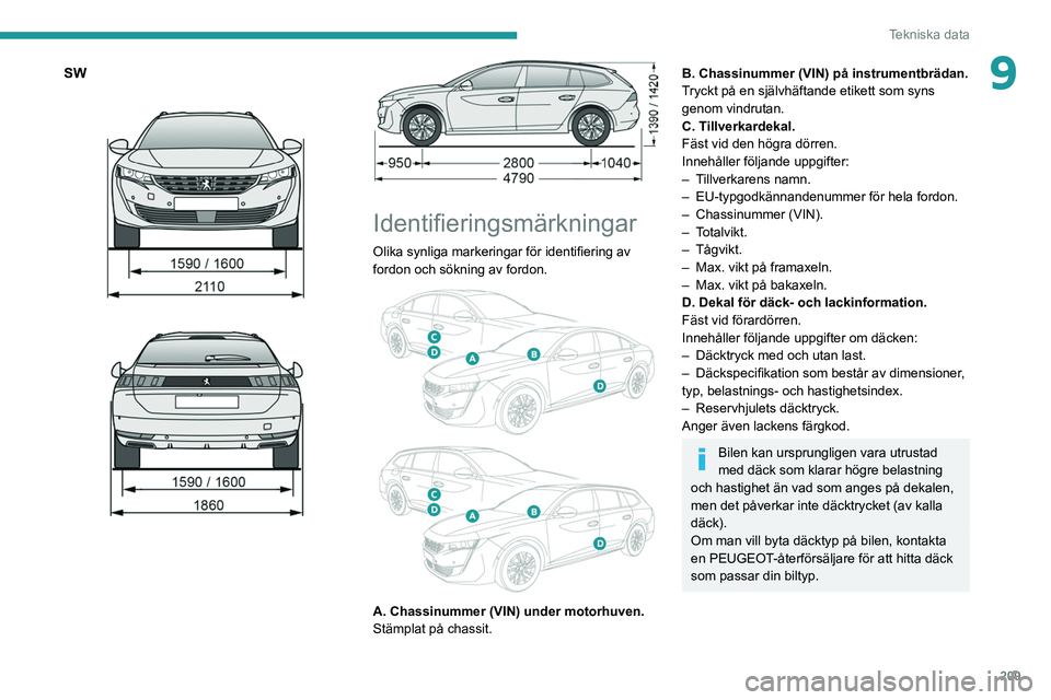 PEUGEOT 508 2021 Bruksanvisningar (in Swedish) 209
Tekniska data
9SW
Identifieringsmärkningar
Olika synliga markeringar för identifiering av
fordon och sökning av fordon.
A. Chassinummer (VIN) under motorhuven.
Stämplat på chassit PEUGEOT 508 2021 Bruksanvisningar (in Swedish) 209
Tekniska data
9SW
Identifieringsmärkningar
Olika synliga markeringar för identifiering av
fordon och sökning av fordon.
A. Chassinummer (VIN) under motorhuven.
Stämplat på chassit
