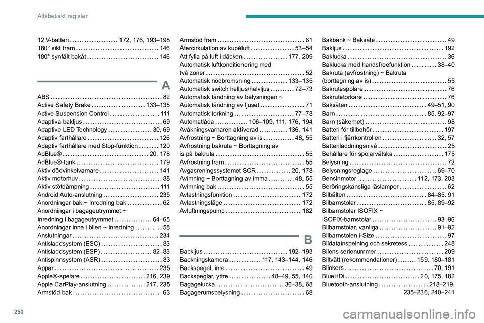 PEUGEOT 508 2021  Bruksanvisningar (in Swedish) 250
Alfabetiskt register
12 V-batteri    172, 176, 193–198
180° sikt fram     
146
180° synfält bakåt
    
146
A
ABS    82
Active Safety Brake     
133–135
Active Suspension Control
    
111
A