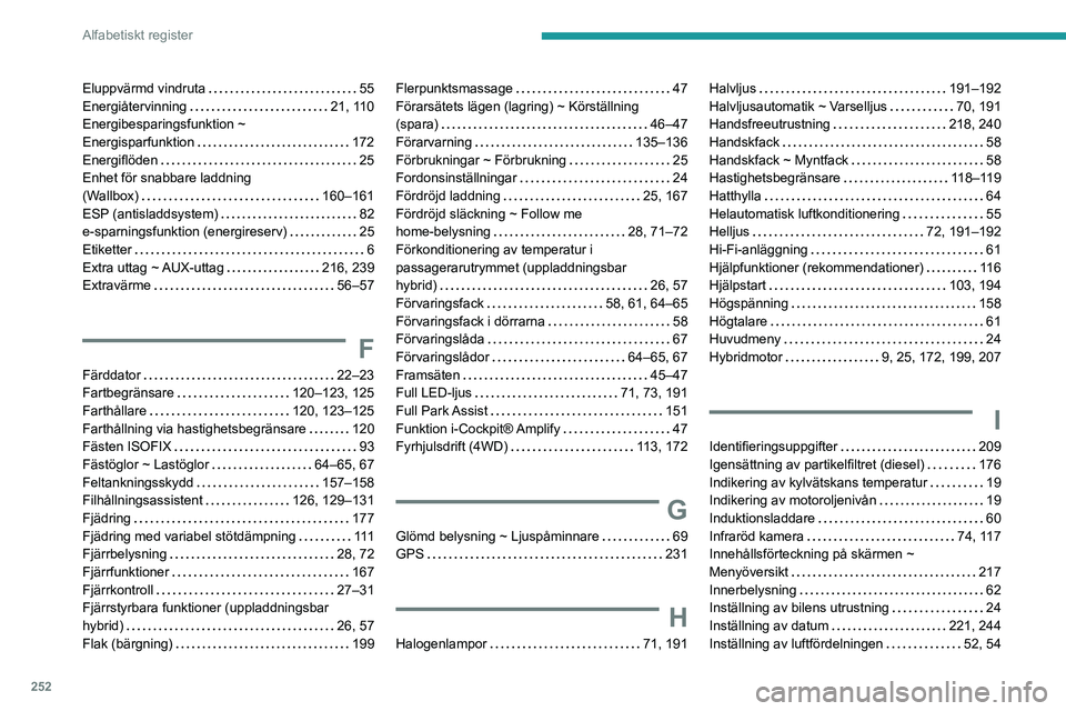 PEUGEOT 508 2021  Bruksanvisningar (in Swedish) 252
Alfabetiskt register
Eluppvärmd vindruta     55
Energiåtervinning     
21, 110
Energibesparingsfunktion ~  
Energisparfunktion
    
172
Energiflöden
    
25
Enhet för snabbare laddning  
(Wall