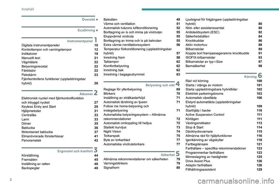 PEUGEOT 508 2021  Bruksanvisningar (in Swedish) 2
Innehåll
  ■
Översikt
  ■
EcoDriving
 1InstrumentpanelDigitala instrumentpaneler  10
Kontrollampor och varningslampor  12
Indikatorer  18
Manuellt test  21
Vägmätare  22
Belysningsreosta