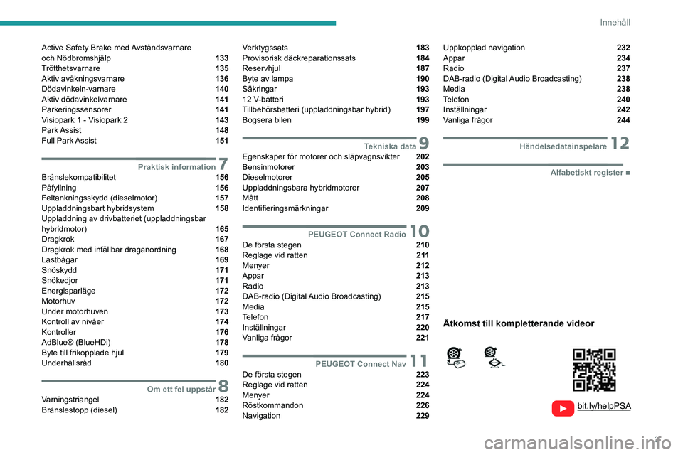 PEUGEOT 508 2021  Bruksanvisningar (in Swedish) 3
Innehåll
  
  
 
 
 
 
Active Safety Brake med Avståndsvarnare  
och Nödbromshjälp  133
Trötthetsvarnare  135
Aktiv avåkningsvarnare  136
Dödavinkeln-varnare  140
Aktiv dödavinkelvarnare  14