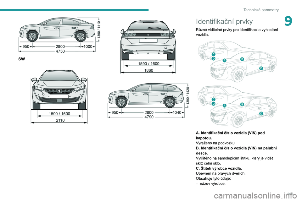 PEUGEOT 508 2021 Návod na použití (in Czech) 209
Technické parametry
9
SW
Identifikační prvky
Různé viditelné prvky pro identifikaci a vyhledání
vozidla.
A. Identifikační číslo vozidla (VIN) pod
kapotou.
Vyraženo na p PEUGEOT 508 2021 Návod na použití (in Czech) 209
Technické parametry
9
SW
Identifikační prvky
Různé viditelné prvky pro identifikaci a vyhledání
vozidla.
A. Identifikační číslo vozidla (VIN) pod
kapotou.
Vyraženo na p