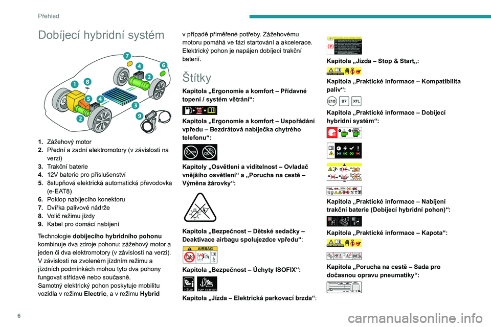 PEUGEOT 508 2021  Návod na použití (in Czech) 6
Přehled
Dobíjecí hybridní systém 
 
1.Zážehový motor
2. Přední a zadní elektromotory (v
  závislosti na 
verzi)
3. Trakční baterie
4. 12V baterie pro příslušenství
5. 8stupňová e