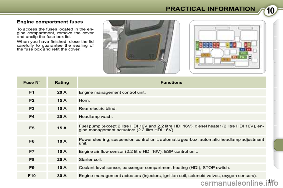 PEUGEOT 607 2007.5  Owners Manual 1010PRACTICAL INFORMATION
111
  Engine compartment fuses   
 To access the fuses located in the en- 
�g�i�n�e�  �c�o�m�p�a�r�t�m�e�n�t�,�  �r�e�m�o�v�e�  �t�h�e�  �c�o�v�e�r� 
�a�n�d� �u�n�c�l�i�p� �t