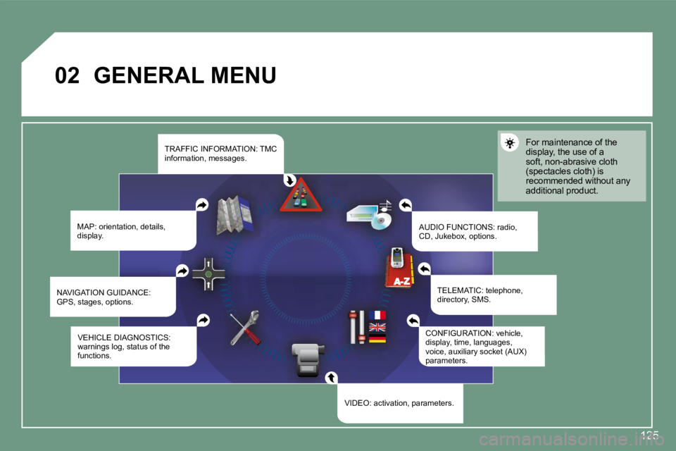PEUGEOT 607 2007.5  Owners Manual �0�2
125
GENERAL MENU
MAP: orientation, details,  
display. AUDIO FUNCTIONS: radio, 
CD, Jukebox, options.For maintenance of the  
display, the use of a 
soft, non-abrasive cloth 
�(�s�p�e�c�t�a�c�l�e