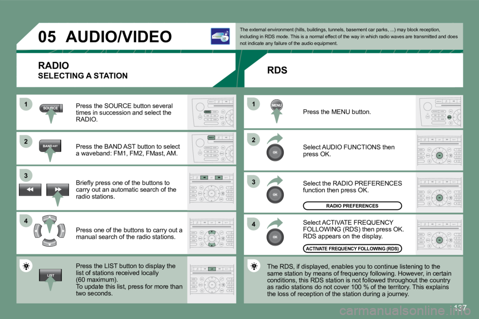 PEUGEOT 607 2007.5  Owners Manual 1 
�2 
�3 
41 
�2 
�3
4
�0�5
137
�A�U�D�I�O�/�V�I�D�E�O
RADIO 
SELECTING A STATION
Press the SOURCE button several  
times in succession and select the 
RADIO. 
Press the BAND AST button to select  
a