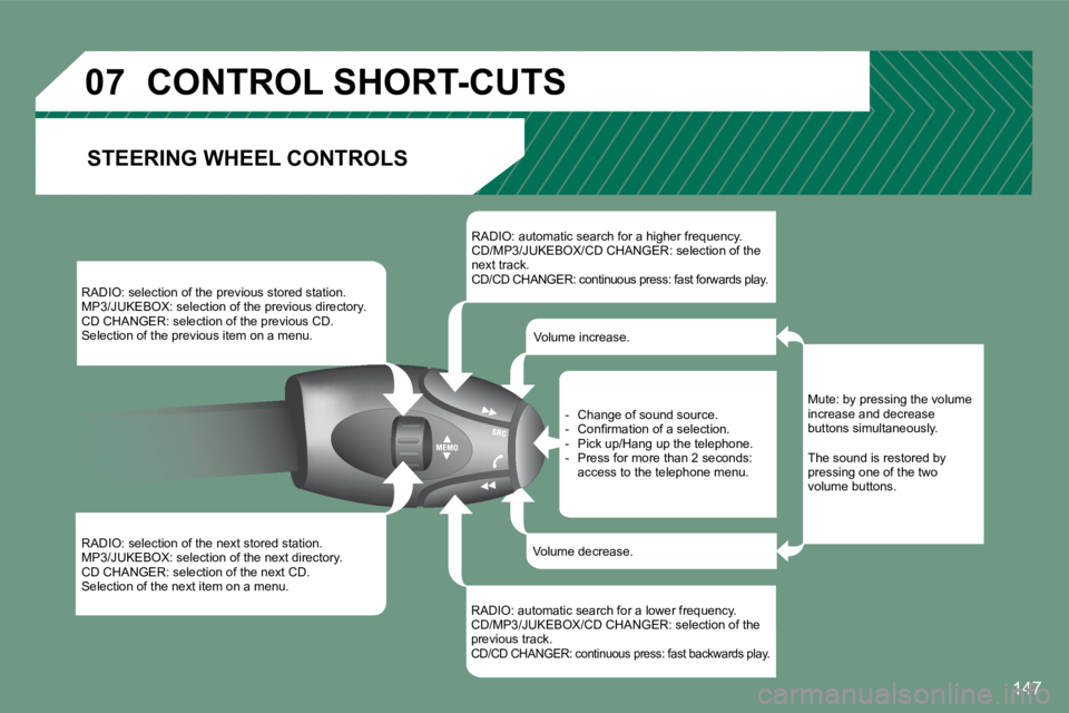 PEUGEOT 607 2007.5  Owners Manual �0�7
147
RADIO: selection of the previous stored station. 
MP3/JUKEBOX: selection of the previous directory.
CD CHANGER: selection of the previous CD.
Selection of the previous item on a menu. 
RADIO: