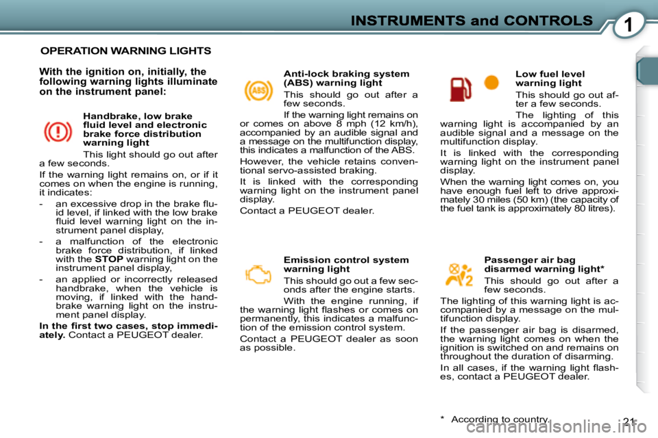 PEUGEOT 607 2007.5 User Guide 1
21
 OPERATION WARNING LIGHTS 
  Anti-lock braking system  
(ABS) warning light  
 This  should  go  out  after  a  
�f�e�w� �s�e�c�o�n�d�s�.�  
� �I�f� �t�h�e� �w�a�r�n�i�n�g� �l�i�g�h�t� �r�e�m�a�i
