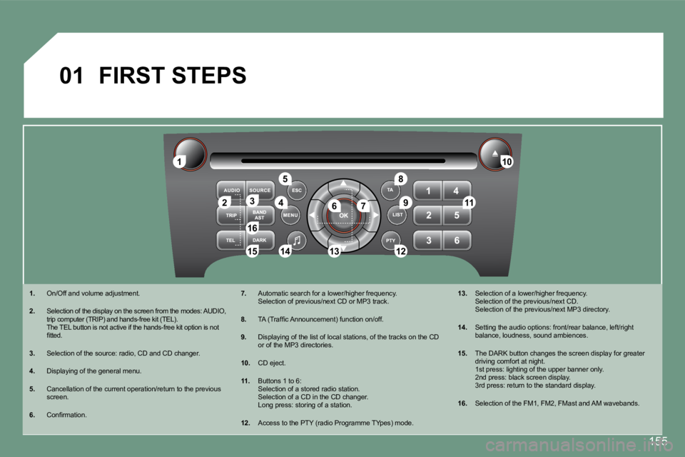 PEUGEOT 607 2007.5  Owners Manual 1
�5
10
�8
�2�3
�1�5
4�6
�1�6
�1�3
�7�911
14�1�2
01
155
FIRST STEPS
�1�.   On/Off and volume adjustment.
�2�.   Selection of the display on the screen from the mo des: AUDIO, 
�t�r�i�p� �c�o�m�p�u�t�e