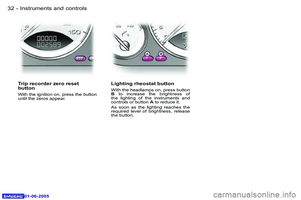 PEUGEOT 607 2005.5 Owners Manual �3�2 �-�I�n�s�t�r�u�m�e�n�t�s� �a�n�d� �c�o�n�t�r�o�l�s
�0�1�-�0�6�-�2�0�0�5
�3�3
�-�I�n�s�t�r�u�m�e�n�t�s� �a�n�d� �c�o�n�t�r�o�l�s
�0�1�-�0�6�-�2�0�0�5
�T�r�i�p� �r�e�c�o�r�d�e�r� �z�e�r�o� �r�e�s�e