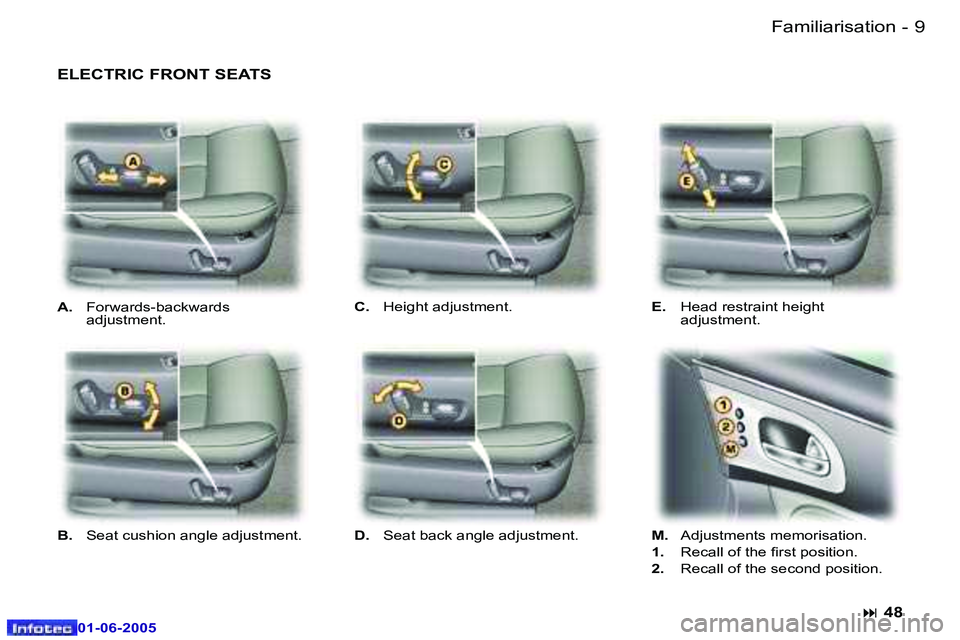 PEUGEOT 607 2005.5  Owners Manual �8 �-�F�a�m�i�l�i�a�r�i�s�a�t�i�o�n
�0�1�-�0�6�-�2�0�0�5
�9
�-�F�a�m�i�l�i�a�r�i�s�a�t�i�o�n
�0�1�-�0�6�-�2�0�0�5
�A�. �  �F�o�r�w�a�r�d�s�-�b�a�c�k�w�a�r�d�s� 
�a�d�j�u�s�t�m�e�n�t�.
�E�L�E�C�T�R�I�C