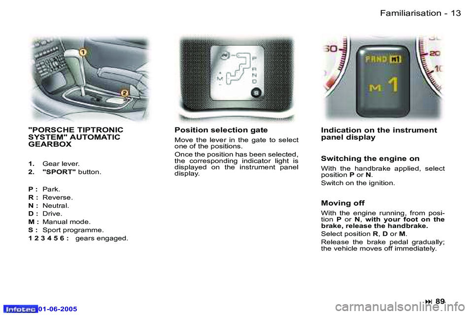 PEUGEOT 607 2005.5  Owners Manual �1�2 �-�F�a�m�i�l�i�a�r�i�s�a�t�i�o�n
�0�1�-�0�6�-�2�0�0�5
�1�3
�-�F�a�m�i�l�i�a�r�i�s�a�t�i�o�n
�0�1�-�0�6�-�2�0�0�5
�"�P�O�R�S�C�H�E� �T�I�P�T�R�O�N�I�C�  
�S�Y�S�T�E�M�"� �A�U�T�O�M�A�T�I�C