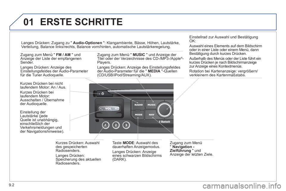 PEUGEOT 807 2013 Betriebsanleitungen (in German) 9.2
01 ERSTE SCHRITTE
Zugang zum Menü
" Navigation -
Zielführun
g " und
Anzeige der letzten Ziele
.
Kurzes Drücken bei nicht laufendem Motor: An / Aus
.
Kurzes Drücken beilaufende PEUGEOT 807 2013 Betriebsanleitungen (in German) 9.2
01 ERSTE SCHRITTE
Zugang zum Menü
" Navigation -
Zielführun
g " und
Anzeige der letzten Ziele
.
Kurzes Drücken bei nicht laufendem Motor: An / Aus
.
Kurzes Drücken beilaufende