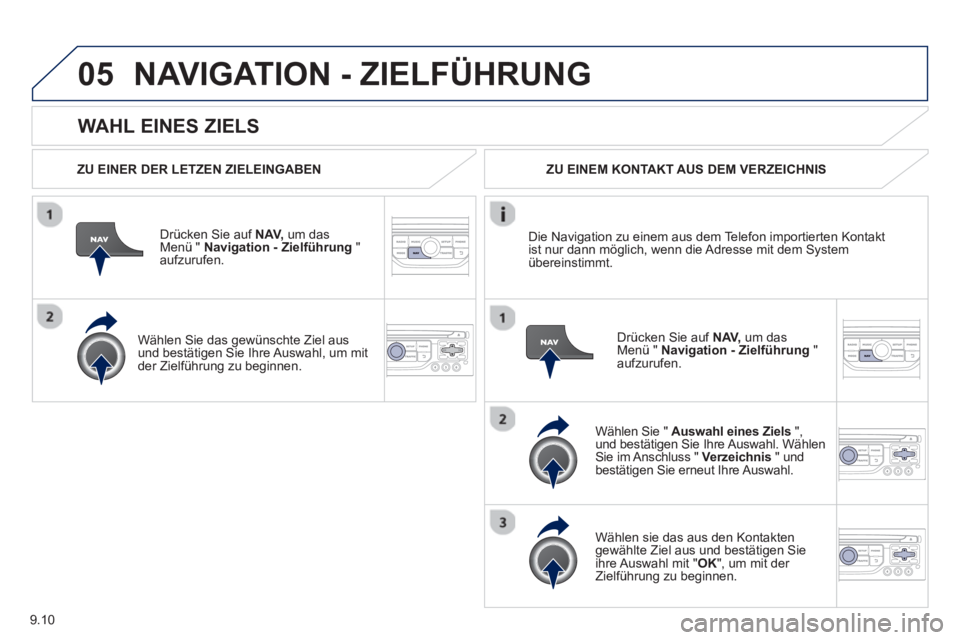 PEUGEOT 807 2013 Betriebsanleitungen (in German) 9.10
05
WAHL EINES ZIELS
NAVIGATION - ZIELFÜHRUNG
ZU EINER DER LETZEN ZIELEINGABEN
Dr
ücken Sie auf NAV,um das Menü " Navigation - Zielführung
" aufzurufen.
Wählen
Sie das gewü PEUGEOT 807 2013 Betriebsanleitungen (in German) 9.10
05
WAHL EINES ZIELS
NAVIGATION - ZIELFÜHRUNG
ZU EINER DER LETZEN ZIELEINGABEN
Dr
ücken Sie auf NAV,um das Menü " Navigation - Zielführung
" aufzurufen.
Wählen
Sie das gewü