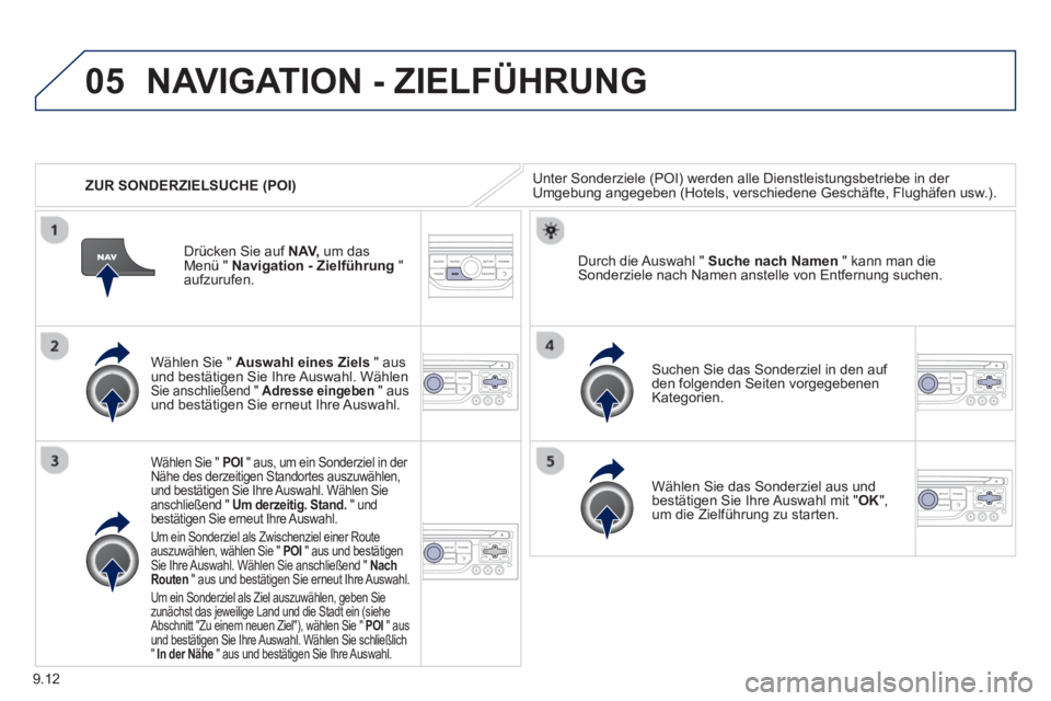 PEUGEOT 807 2013  Betriebsanleitungen (in German) 9.12
05
   
 
ZUR SONDERZIELSUCHE (POI)
NAVIGATION - ZIELFÜHRUNG 
Unter Sonderziele (POI) werden alle Dienstleistungsbetriebe in der Umgebung angegeben (Hotels, verschiedene Geschäfte, Flughäfen us