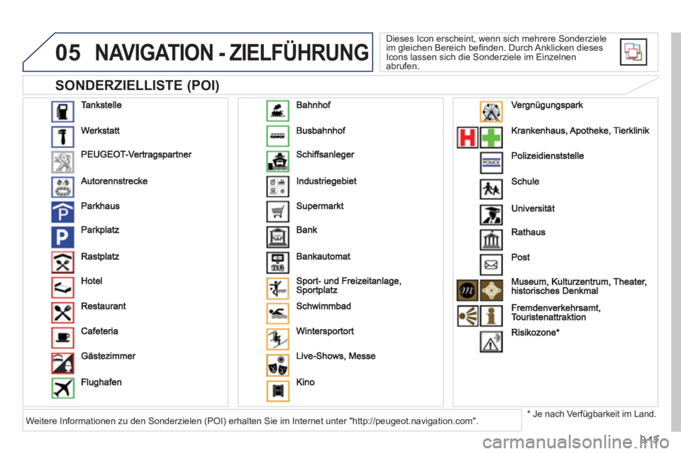 PEUGEOT 807 2013  Betriebsanleitungen (in German) 9.13
05
   
SONDERZIELLISTE (POI) 
NAVIGATION - ZIELFÜHRUNG
 
Dieses Icon erscheint, wenn sich mehrere Sonderziele
im gleichen Bereich beﬁ nden. Durch Anklicken dieses
Icons lassen sich die Sonderz