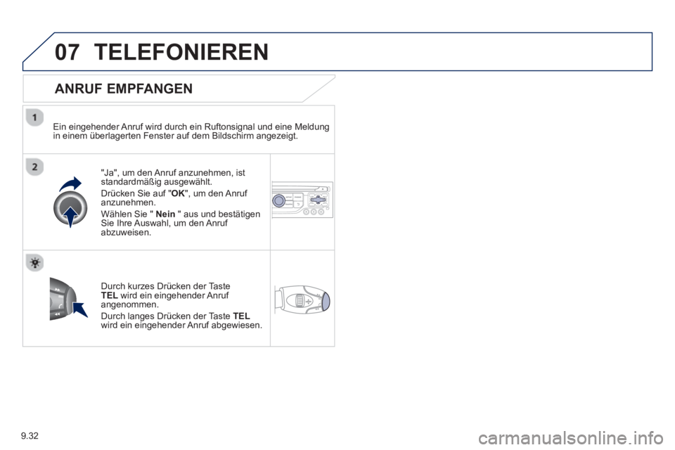 PEUGEOT 807 2013  Betriebsanleitungen (in German) 9.32
07TELEFONIEREN
   
ANRUF EMPFANGEN 
 
 
Ein eingehender Anruf wird durch ein Ruftonsignal und eine Meldung 
in einem überlagerten Fenster auf dem Bildschirm angezeigt.  
"Ja", um den Anru
f anzu