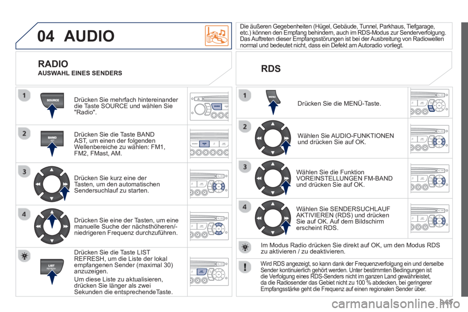 PEUGEOT 807 2013  Betriebsanleitungen (in German) 9.65
04  AUDIO 
 
Drücken Sie mehrfach hintereinander 
die Taste SOURCE und wählen Sie"Radio".  
   
Drücken 
Sie die Taste BANDAST, um einen der folgenden 
Wellenbereiche zu wählen: FM1,FM2, FMas