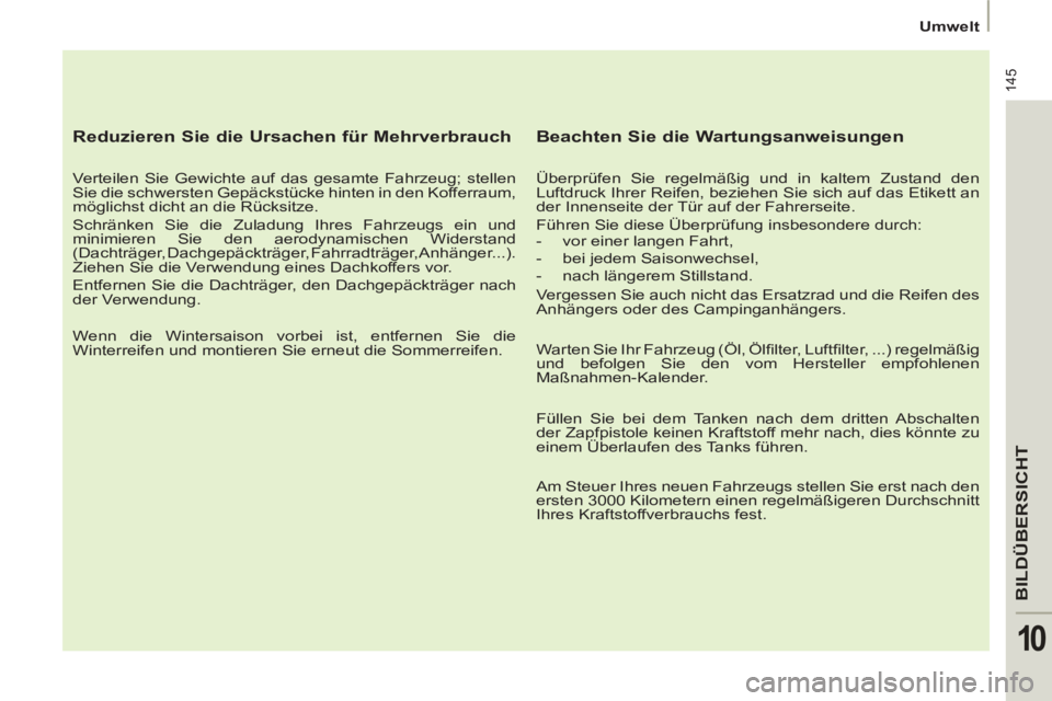 PEUGEOT 807 2013  Betriebsanleitungen (in German) 145
BILDÜBERSICHT
10
   
 Umwelt 
 
 
 
 
Reduzieren Sie die Ursachen für Mehrverbrauch 
 
 
Verteilen Sie Gewichte auf das gesamte Fahrzeug; stellen 
Sie die schwersten Gepäckstücke hinten in den