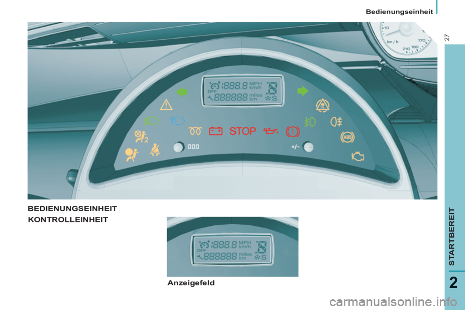PEUGEOT 807 2013  Betriebsanleitungen (in German)    
 
Bedienungseinheit  
 
STARTBEREIT
2
27
 
BEDIENUNGSEINHEIT 
KONTROLLEINHEIT
   
Anzeigefeld   