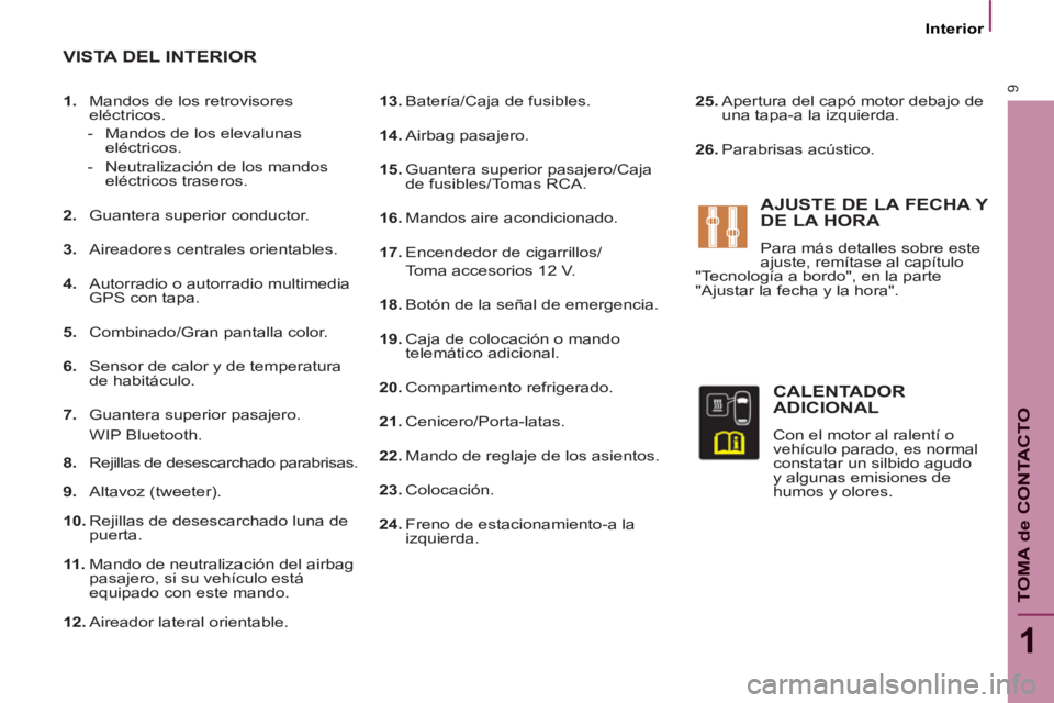 PEUGEOT 807 2013 Manual del propietario (in Spanish) 9
1
TOMA de CONTACTO
Interior
13.
Batería/Caja de fusibles.
14.
Airbag pasajero.
15.
Guantera superior pasajero/Caja
de fusibles/Tomas RCA.
16.
Mandos aire acon PEUGEOT 807 2013 Manual del propietario (in Spanish) 9
1
TOMA de CONTACTO
Interior
13.
Batería/Caja de fusibles.
14.
Airbag pasajero.
15.
Guantera superior pasajero/Caja
de fusibles/Tomas RCA.
16.
Mandos aire acon