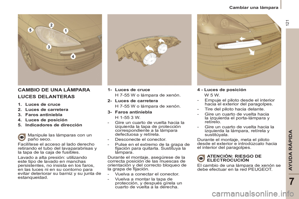 PEUGEOT 807 2013  Manual del propietario (in Spanish) 121
AYUDA RÁPIDA
7
   
 
Cambiar una lámpara  
 
 
CAMBIO DE UNA LÁMPARA 
 
 
Manipule las lámparas con un 
paño seco. 
  Facilítese el acceso al lado derecho 
retirando el tubo del lavaparabris