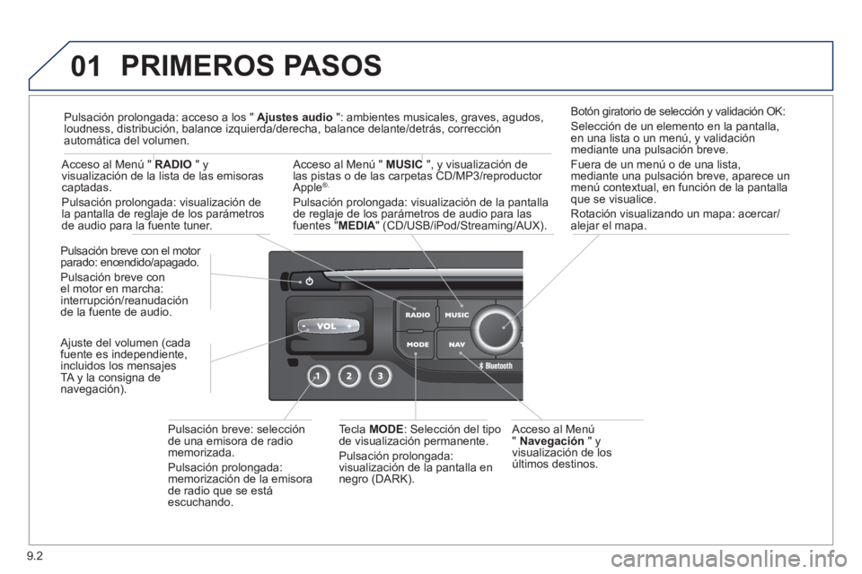 PEUGEOT 807 2013  Manual del propietario (in Spanish) 9.2
01  PRIMEROS PASOS
 
 
Acceso al Menú 
"  Navegación 
 " y
vi
sualización de los últimos destinos.   P
ulsación breve con el motor 
parado: encendido/apagado. 
P
ulsación breve conel motor e