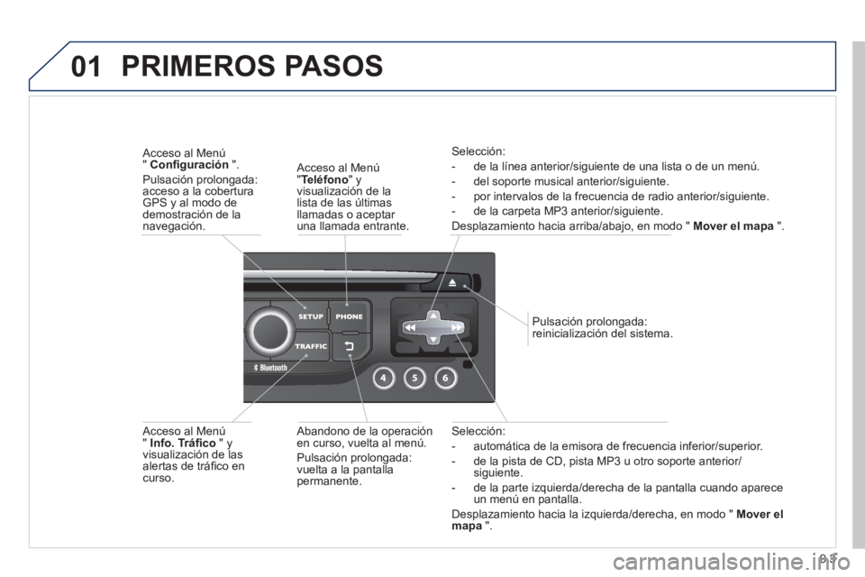 PEUGEOT 807 2013  Manual del propietario (in Spanish) 9.3
01
Selección: 
-   automática de la emisora de frecuencia inferior/superior.
-   de la pista de 
CD, pista MP3 u otro soporte anterior/siguiente.
-   de la parte izquierda
/derecha de la pantall