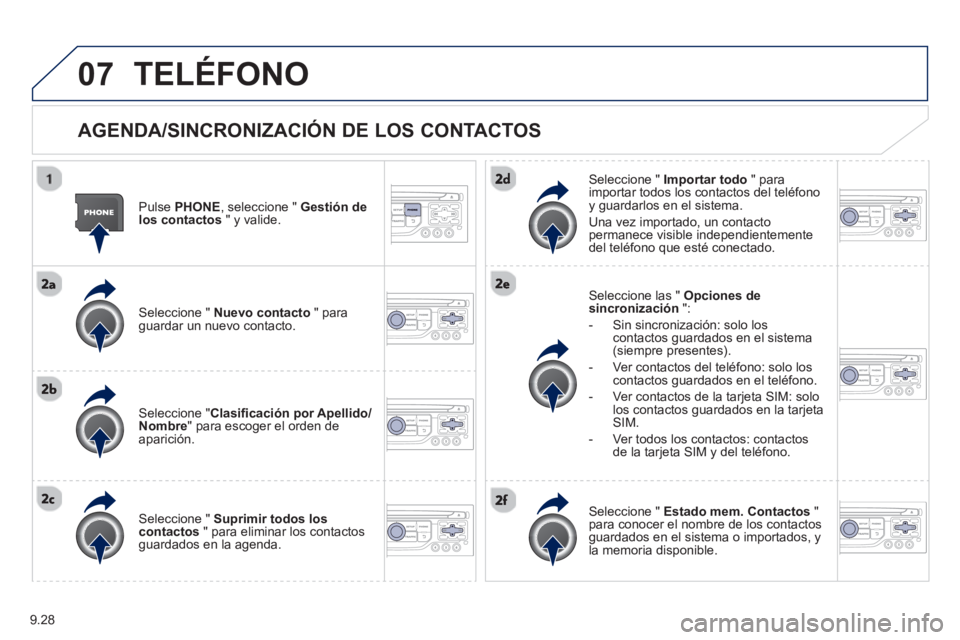 PEUGEOT 807 2013 Manual del propietario (in Spanish) 9.28
07TELÉFONO
AGENDA/SINCRONIZACIÓN DE LOS CONTACTOS
Pulse PHONE, seleccione " Gestión de
los contactos
" y valide.
Seleccione " Nuevo contacto" paraguardar un nuevo contacto.
PEUGEOT 807 2013 Manual del propietario (in Spanish) 9.28
07TELÉFONO
AGENDA/SINCRONIZACIÓN DE LOS CONTACTOS
Pulse PHONE, seleccione " Gestión de
los contactos
" y valide.
Seleccione " Nuevo contacto" paraguardar un nuevo contacto.